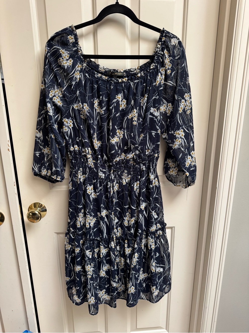 Navy Floral Scoop Neck Smocked Mini Dress